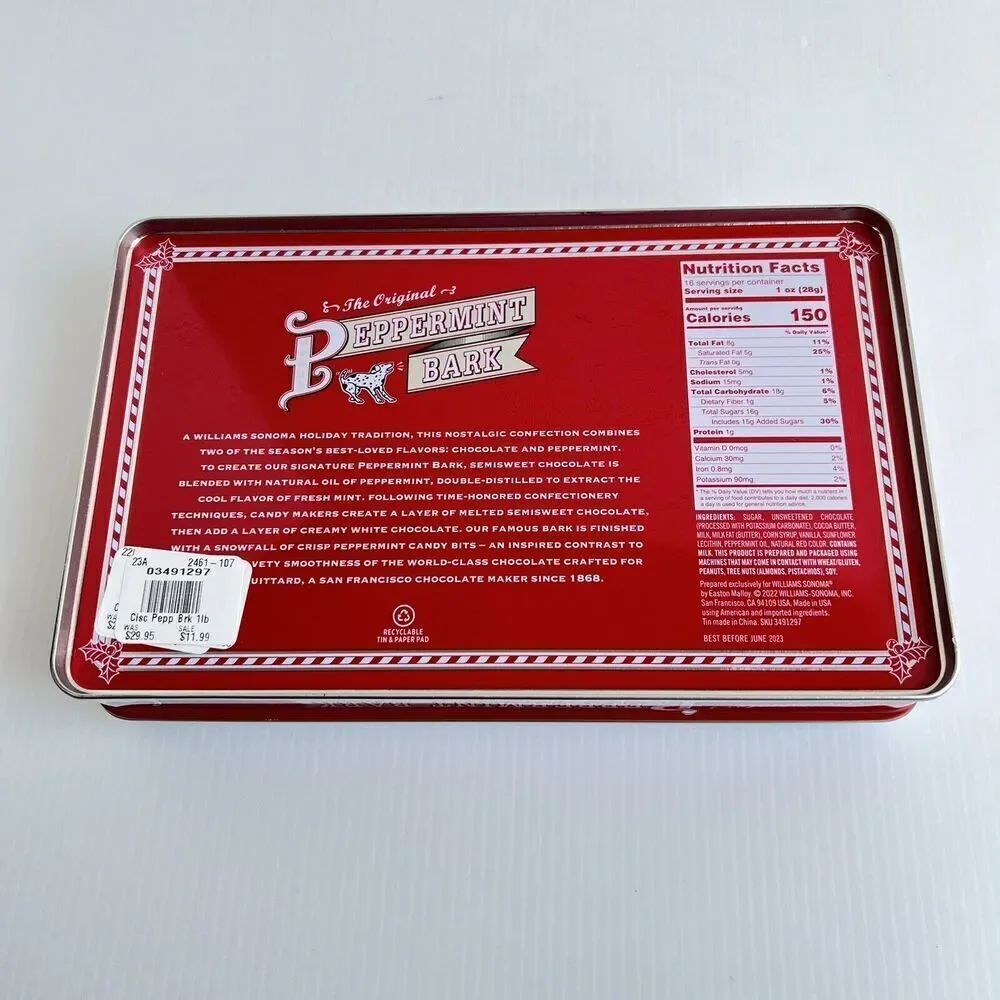 Collectible Williams Sonoma Peppermint Bark Tin with Lid Storage w Personality